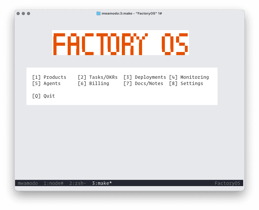 FactoryOS ASCII Dashboard and Menu